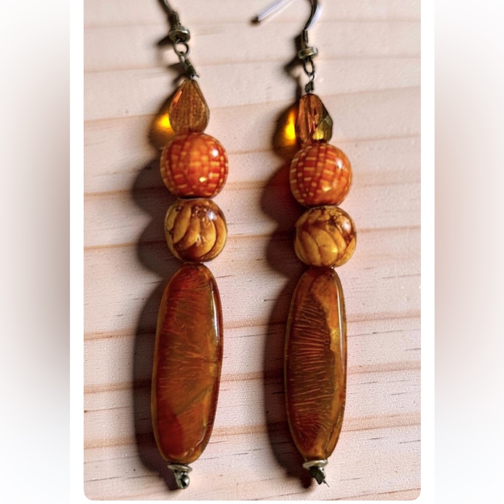 Vintage 1970’s Sterling Silver Honey Baltic Amber Wood Glass Long Earrings